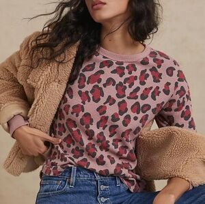 Anthropologie t.la Medium Petite Dolly Leopard Print Thermal Knit Top Rose Black